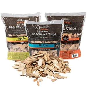 camerons all natural wood chips for smoker, 3 pack – apple, cherry, hickory – 260 cu in bag, approx 2lbs ea – kiln dried coarse bbq grill wood chips for smoking – barbecue accessories & grilling gifts