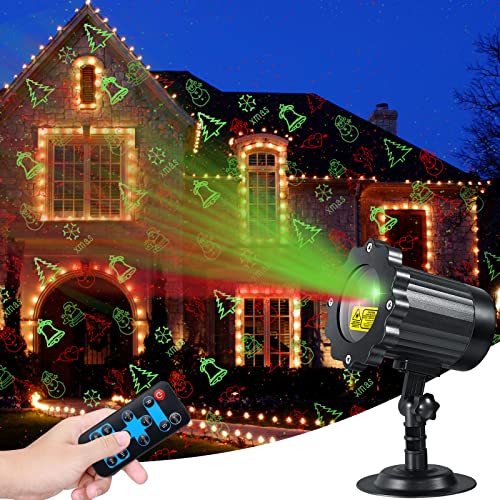 Christmas Lights Projector Outdoor, Christmas Laser Lights Landscape Spotlight Red and Green Star Show with Rf Wireless Remote Christmas Decorations for Outdoor Garden Patio Wall Xmas Holiday Party