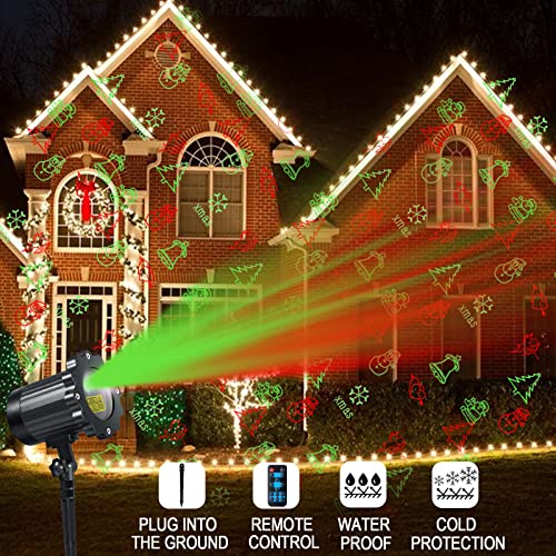 Christmas Lights Projector Outdoor, Christmas Laser Lights Landscape Spotlight Red and Green Star Show with Rf Wireless Remote Christmas Decorations for Outdoor Garden Patio Wall Xmas Holiday Party