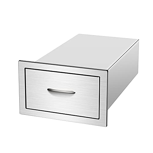 Outdoor Kitchen Drawer 14W x8.5H x22.8D inch 304 Stainless Steel Single Layer BBQ Drawer with Stainless Steel Handle,Very Suitable for Outdoor Kitchen or Barbecue Island(14W x 8.5H x 22.8D Inch)