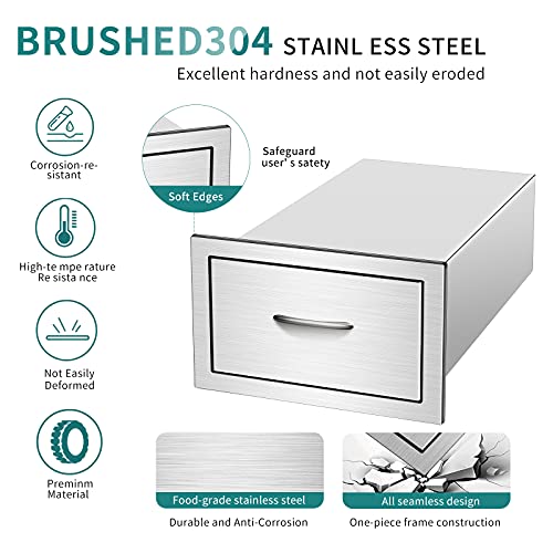 Outdoor Kitchen Drawer 14W x8.5H x22.8D inch 304 Stainless Steel Single Layer BBQ Drawer with Stainless Steel Handle,Very Suitable for Outdoor Kitchen or Barbecue Island(14W x 8.5H x 22.8D Inch)
