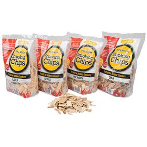 camerons all natural wood chips for smoker, 4 pack – apple, hickory, oak, alder -260 cu in bag, approx 2lbs ea – kiln dried coarse bbq grill wood chips- barbecue grilling variety pack gift set for men