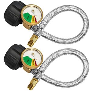 2 pack 1/4″ inverted rv propane pigtail hose with gauge, 15inch rv propane hose connector with type 1/4″ inverted male flare stainless steel braided for 5lb – 40lb propane tank coming with tape