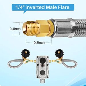 2 Pack 1/4" Inverted RV Propane Pigtail Hose with Gauge, 15inch RV Propane Hose Connector with Type 1/4" Inverted Male Flare Stainless Steel Braided for 5LB - 40LB Propane Tank Coming with Tape