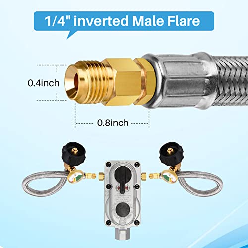 2 Pack 1/4" Inverted RV Propane Pigtail Hose with Gauge, 15inch RV Propane Hose Connector with Type 1/4" Inverted Male Flare Stainless Steel Braided for 5LB - 40LB Propane Tank Coming with Tape