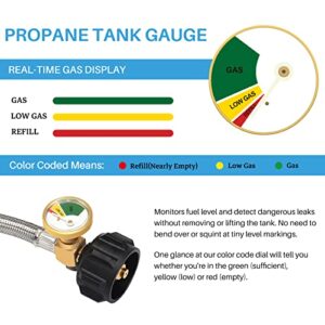 2 Pack 1/4" Inverted RV Propane Pigtail Hose with Gauge, 15inch RV Propane Hose Connector with Type 1/4" Inverted Male Flare Stainless Steel Braided for 5LB - 40LB Propane Tank Coming with Tape