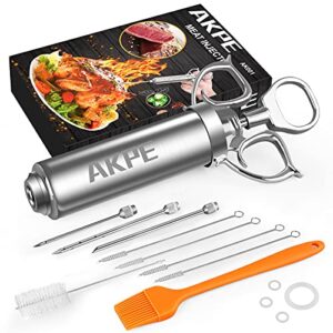 akpe meat injector, stainless steel marinade injector syringe for bbq grill and turkey, 2 ounce syringe with 3 needles, easy to use and clean (without case)