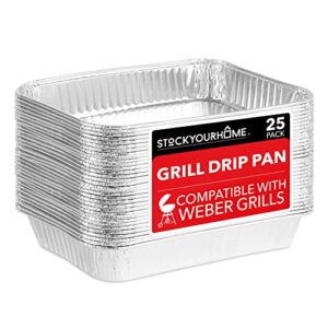 Stock Your Home 2” Aluminum Drip Pan (25 Count) Disposable Foil Liner, Compatible with Weber Grills, Dripping Pans, BBQ Grease Tray to Catch Oil, Outdoor Weber Grill Accessories