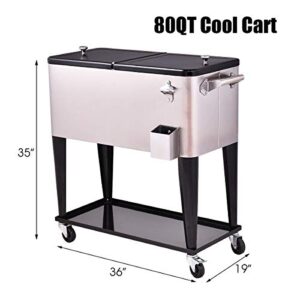 RELAX4LIFE Rolling Cooler 80 Quart Stainless Steel W/ Shelf for Party,Picnic Outdoor Beverage Bar Portable Ice Chest