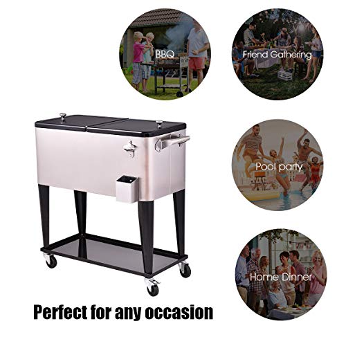 RELAX4LIFE Rolling Cooler 80 Quart Stainless Steel W/ Shelf for Party,Picnic Outdoor Beverage Bar Portable Ice Chest