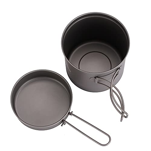 TWDYC Titanium Pan Pot Outdoor Camping Hiking Cookware Backpacking Cooking Picnic Bowl Pot Pan Set with Folded Handle