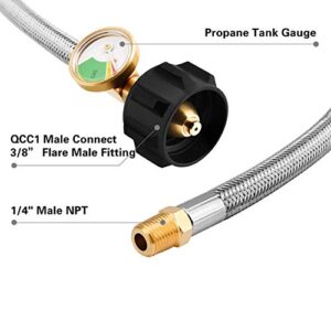 DFuerdivn 1/4 NPT RV Propane Hose with Gauge, 12 Inch Stainless Braided LP Hose for Standard Two-Stage Regulator, 40Lb 250PSI,Male 1/4 NPT /QCC1 Fittings - Pack of 2