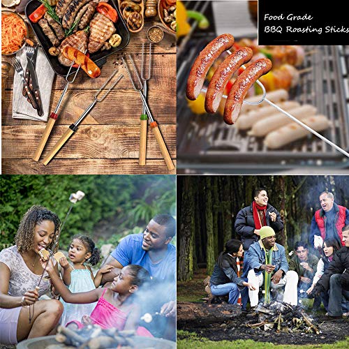 Suelasi Marshmallow Roasting Sticks 8 Pack Extendable 32 Inch Telescoping Marshmallow Skewers & Hot Dog Forks with Wooden Handle Storage Bag for Campfire BBQ Backyard Fire Pit