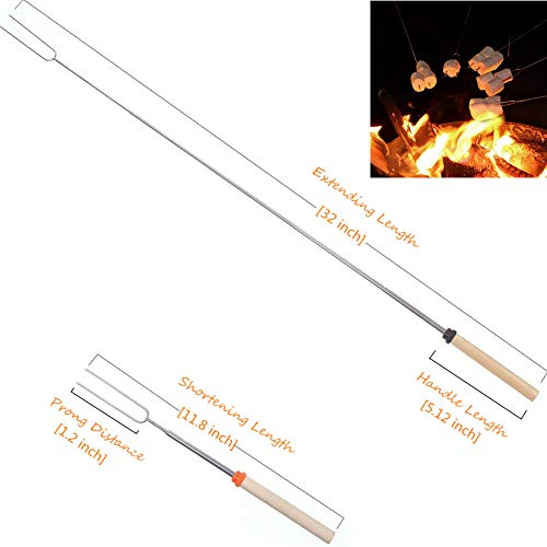 Suelasi Marshmallow Roasting Sticks 8 Pack Extendable 32 Inch Telescoping Marshmallow Skewers & Hot Dog Forks with Wooden Handle Storage Bag for Campfire BBQ Backyard Fire Pit