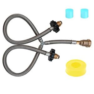 Upgraded Stainless Braided Y-Splitter Dual Propane Tank Connection Hose Kit,Two Way POL & QCC1 Regulator Exit Adapter to Connect 5-100lbs Cylinder Tank for Heater Grill BBQ and Other Propane Equipment