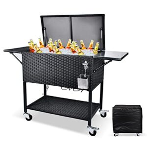 okida rolling wicker cooler cart outdoors, 80 quart ice chest with bottle opener, portable beverage bar for patio pool party, rattan cooler trolley with stainless cutting board and waterproof cover