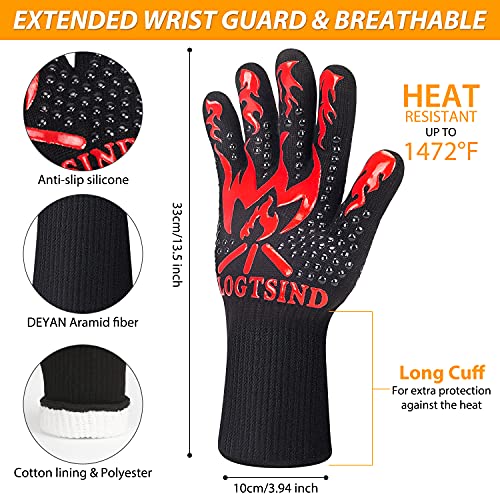 BBQ Gloves, Grill Gloves 1472°F Extreme Heat Resistant, Silicone Non-Slip Oven Gloves for Barbecue, Cooking, Baking, Smoker, Cutting (Red)