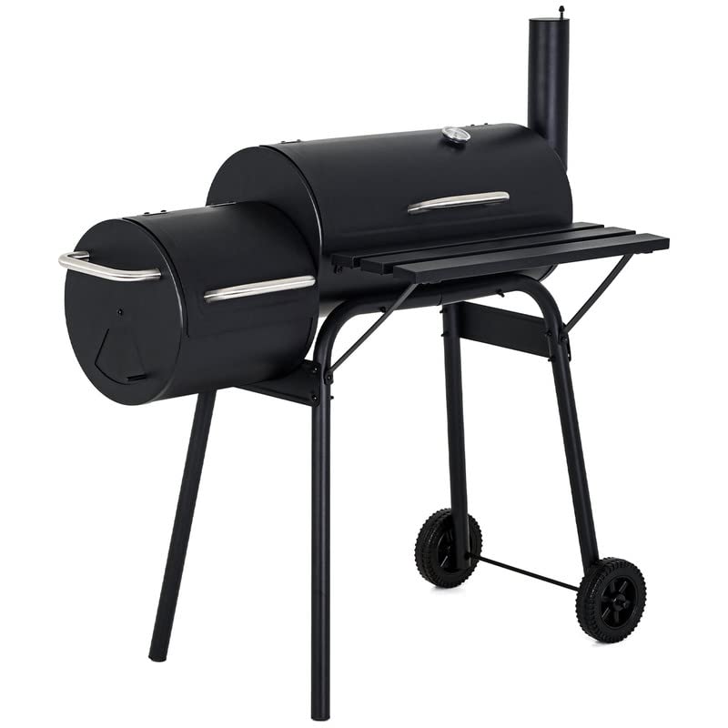 Charcoal Grills, MGHH Portable Charcoal Grill with 2 Wheels Side Fire Box, Small BBQ Oven Offset Smoker for 8-12 People Outdoor Patio Backyard, Camping Picnics