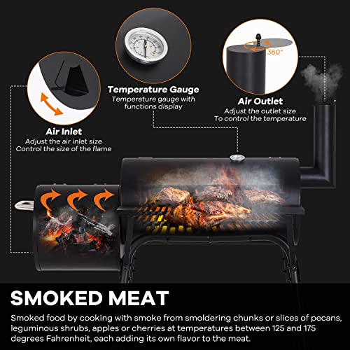 Charcoal Grills, MGHH Portable Charcoal Grill with 2 Wheels Side Fire Box, Small BBQ Oven Offset Smoker for 8-12 People Outdoor Patio Backyard, Camping Picnics