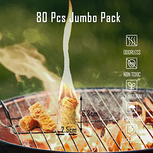 WishDirect 80 PCs Fire Starters for Fireplace, Campfire, Grill, Fire Pit, Wood Stove, BBQ, Smoker - Easy & Quick Light Fire Fit Kamado Joe, Big Green Egg and Solo Stove