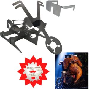 flaming bike beer can chicken stand! beer chicken roaster; stainless steel chicken roasting rack for bbq, grill, oven; great gift! stores flat–space saver! includes sunglasses…for the chicken!