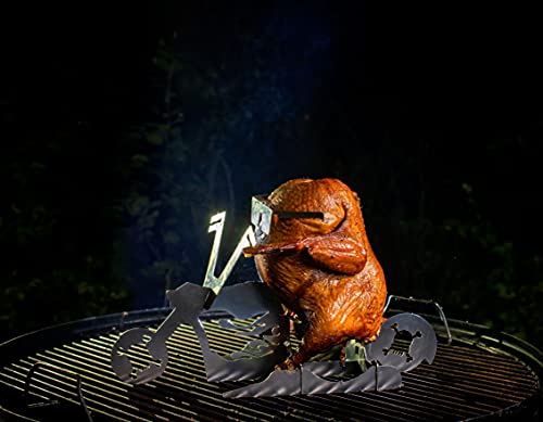 Flaming Bike Beer Can Chicken Stand! Beer chicken roaster; Stainless steel Chicken roasting rack for BBQ, Grill, oven; Great Gift! Stores flat--Space Saver! Includes SUNGLASSES…for the Chicken!