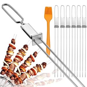 skewers for grilling- 17″ long double pronged bbq skewers with push bar- shish kabob skewers – stainless steel skewer sticks for camping or family – reusable skewers – 6 pack