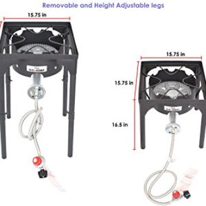 COOKAMP High Pressure Propane Burner Banjo Single Wok Burner with Adjustable Height. 0-20 PSI Adjustable Regulator and Steel Braided Hose SA1550