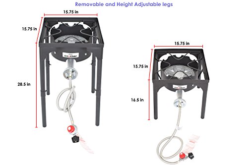 COOKAMP High Pressure Propane Burner Banjo Single Wok Burner with Adjustable Height. 0-20 PSI Adjustable Regulator and Steel Braided Hose SA1550