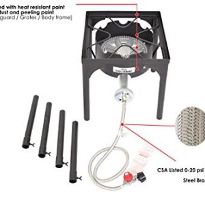 COOKAMP High Pressure Propane Burner Banjo Single Wok Burner with Adjustable Height. 0-20 PSI Adjustable Regulator and Steel Braided Hose SA1550