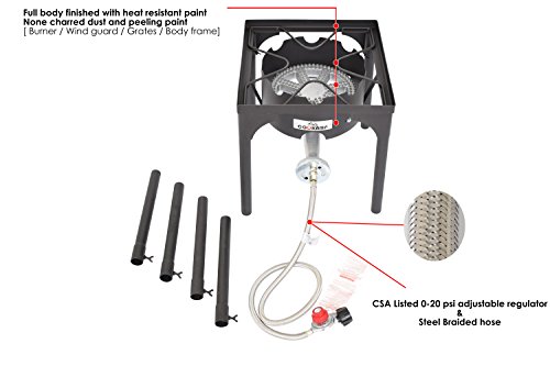 COOKAMP High Pressure Propane Burner Banjo Single Wok Burner with Adjustable Height. 0-20 PSI Adjustable Regulator and Steel Braided Hose SA1550