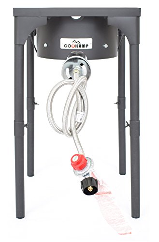 COOKAMP High Pressure Propane Burner Banjo Single Wok Burner with Adjustable Height. 0-20 PSI Adjustable Regulator and Steel Braided Hose SA1550