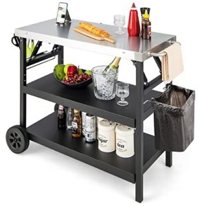 petsite outdoor grill cart, foldable bbq pizza oven stand, movable food prep table with stainless steel tabletop & wheels, portable griddle dining kitchen island cart station for bar patio outside