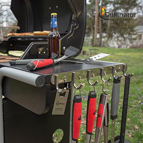 Grillinator BBQ Tool Rack - Polished Stainless Steel 6 Hook Storage for Grilling & Cooking Utensils - Easy to Install - Gas, Charcoal & Electric Grills - Indoor or Outdoor Use