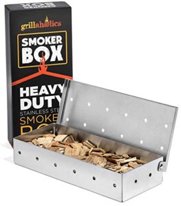 grillaholics smoker box, top meat smokers box in barbecue grilling accessories, add smokey bbq flavor on gas grill or charcoal grills with this stainless steel wood chip smoker box