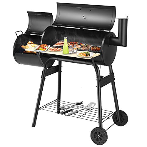 ORALNER Charcoal Grills, Portable Outdoor BBQ Grill with Wheels, Patio Drum Barbecue Grill w/ Offset Smoker, Charcoal Barrel Grill Outdoor Cooking, Ideal for Party, Picnic, Gathering, Camping