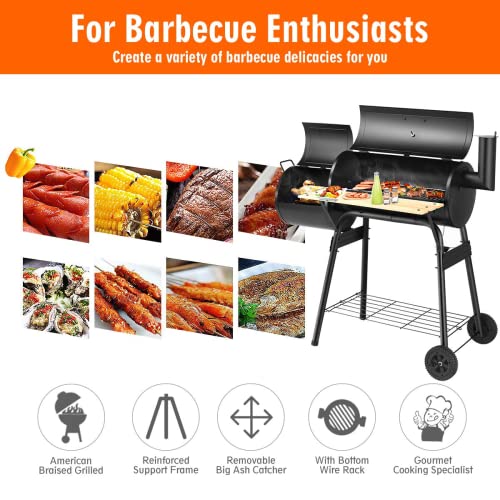 ORALNER Charcoal Grills, Portable Outdoor BBQ Grill with Wheels, Patio Drum Barbecue Grill w/ Offset Smoker, Charcoal Barrel Grill Outdoor Cooking, Ideal for Party, Picnic, Gathering, Camping