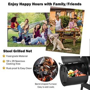 ORALNER Charcoal Grills, Portable Outdoor BBQ Grill with Wheels, Patio Drum Barbecue Grill w/ Offset Smoker, Charcoal Barrel Grill Outdoor Cooking, Ideal for Party, Picnic, Gathering, Camping