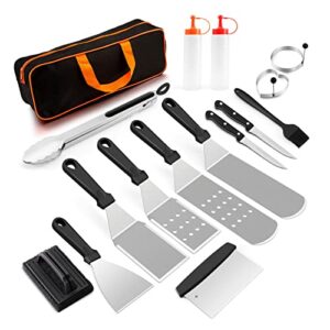 griddle accessories kit of 16, hasteel stainless steel teppanyaki tools for flat top grill hibachi camping bbq, heavy duty metal spatulas, chopper, steak knives, bottles, carrying bag, easy to clean