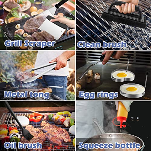 Griddle Accessories Kit of 16, HaSteeL Stainless Steel Teppanyaki Tools for Flat Top Grill Hibachi Camping BBQ, Heavy Duty Metal Spatulas, Chopper, Steak Knives, Bottles, Carrying Bag, Easy to Clean