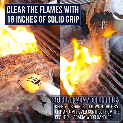 Shark BBQ Grill Tongs, Heavy Duty Barbecue Tong w Acacia Wood Grips, 18 Inch Long, Extra Sturdy Stainless Steel Meat Turner, Everyday Grilling Tools and Accessories for Top Grillers and Pitmasters