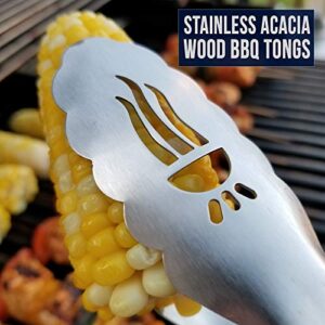 Shark BBQ Grill Tongs, Heavy Duty Barbecue Tong w Acacia Wood Grips, 18 Inch Long, Extra Sturdy Stainless Steel Meat Turner, Everyday Grilling Tools and Accessories for Top Grillers and Pitmasters