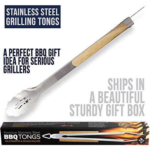 Shark BBQ Grill Tongs, Heavy Duty Barbecue Tong w Acacia Wood Grips, 18 Inch Long, Extra Sturdy Stainless Steel Meat Turner, Everyday Grilling Tools and Accessories for Top Grillers and Pitmasters