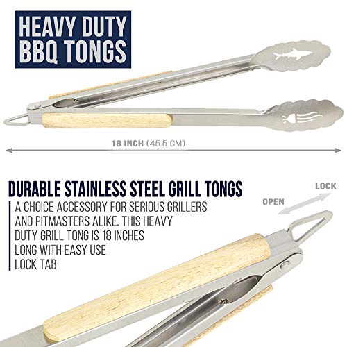 Shark BBQ Grill Tongs, Heavy Duty Barbecue Tong w Acacia Wood Grips, 18 Inch Long, Extra Sturdy Stainless Steel Meat Turner, Everyday Grilling Tools and Accessories for Top Grillers and Pitmasters