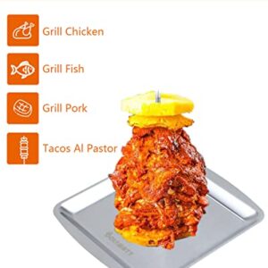 Al Pastor Skewer for Grill-Roasting Rack Stainless Steel Vertical Skewer Stand for Tacos Al Pastor, Shawarma, Kebabs, with 2 Size Skewers(8” &12”) for Smoker, Kamado Grill, Oven