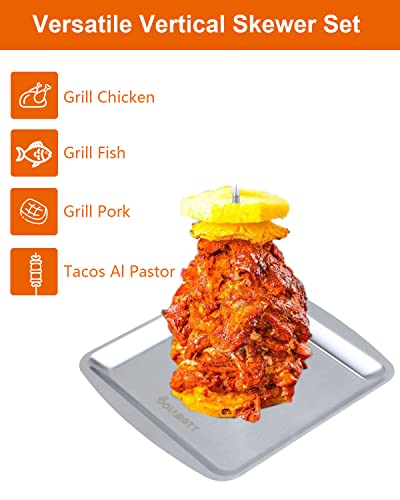 Al Pastor Skewer for Grill-Roasting Rack Stainless Steel Vertical Skewer Stand for Tacos Al Pastor, Shawarma, Kebabs, with 2 Size Skewers(8” &12”) for Smoker, Kamado Grill, Oven