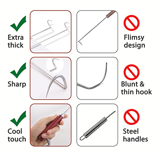 LQLMCOS Food Flipper Turner Hooks Stainless Steel BBQ Meat Hooks Cooking Barbecue Turners Hooks Grill Accessories with Wooden Handle for Grilling & Smoking (Style B - Right Handed)