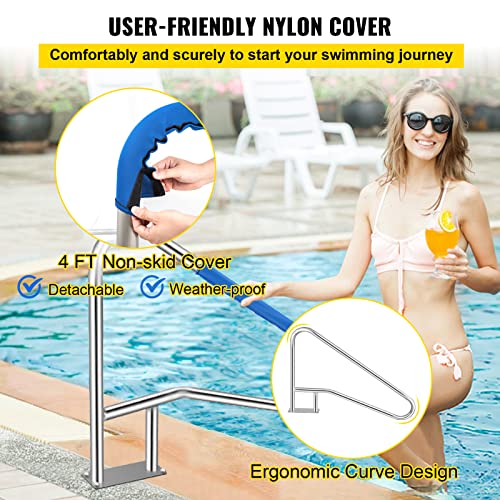 VEVOR Pool Rail 54x36 Pool Railing 304 Stainless Steel 250LBS Load Capacity Silver Rustproof Pool Handrail Humanized Swimming Pool Handrail with Blue Grip Cover & M8 Drill Bit & Self-Taping Screws