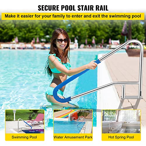 VEVOR Pool Rail 54x36 Pool Railing 304 Stainless Steel 250LBS Load Capacity Silver Rustproof Pool Handrail Humanized Swimming Pool Handrail with Blue Grip Cover & M8 Drill Bit & Self-Taping Screws