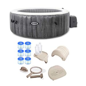 intex 28439e greywood deluxe 4 person inflatable spa hot tub with led light, grey bundled with type s1 pool filter cartridges, attachable cup holder/tray, and inflatable headrest